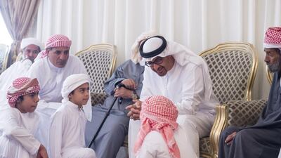 Sheikh Mohammed bin Zayed, Crown Prince of Abu Dhabi and Deputy Supreme Commander of the Armed Forces, offers condolences to the family of Ahmed Al Mazrouei who was killed in the terrorist attack on the Kandahar Governor’s headquarters in Afghanistan. Rashed Al Mansoori / Crown Prince Court - Abu Dhabi