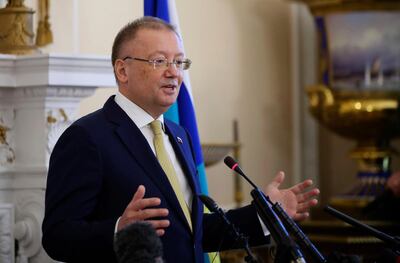 Russian ambassador to the UK Alexander Vladimirovich Yakovenko speaks about the Salisbury incident, during a news conference at the Russian Embassy in London. Yui Mok/ PA via AP