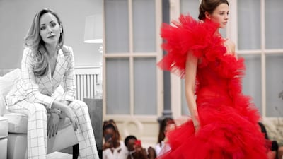 Tamara Ralph, left, is one half of the design duo Ralph & Russo, known for their romantic, maximalist designs, right. Photos: Supplied