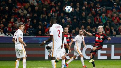 Kevin Kampl of Bayer Levekusen fires in their third goal to make it 4-3 against AS Roma on Tuesday night in the Champions League. Dean Mouhtaropoulos / Bongarts / Getty Images