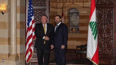 epa07455804 Lebanese Prime Minister Saad Hariri (R) meets with US Secretary of State Mike Pompeo (L) at the government palace in Beirut, Lebanon, 22 March 2019. Pompeo arrived in Beirut on the last leg of his five-day Mideast tour that also took him to Kuwait and Israel. EPA/NABIL MOUNZER