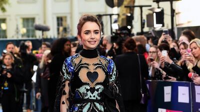 Lily Collins in Elie Saab at the European premiere of 'Extremely Wicked, Shockingly Evil and Vile' in London on April 24, 2019. EPA