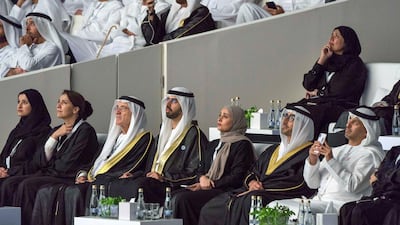 From right to left, Dr Ahmed Abdullah Humaid Belhoul Al Falasi, UAE Minister of State for Higher Education, Nasser bin Thani Juma Al Hamli, UAE Minister of Human Resources and Emiratisation, Ohood Al Roumi, UAE Minister of State for Happiness and Wellbeing, Omar bin Sultan Al Olama, UAE Minister of State for Artificial Intelligence, Zaki Anwar Nusseibeh, Mariam Mohamed Saeed Hareb Al Mehairi, UAE Minister of State for Food Security, and Sarah Yousif Al Amiri, UAE Minister of State for Advanced Sciences, attend the opening ceremony of The Founder's Memorial. Mohamed Al Hammadi / Crown Prince Court - Abu Dhabi