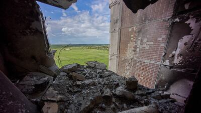A damaged residential building on the outskirts of Kharkiv. EPA