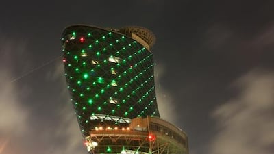Capital Gate at ADNEC goes green for Abu Dhabi Sustainability Week. Courtesy General Secretariat of the Executive Council