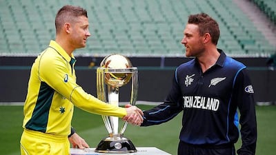 Australia's captain Michael Clarke, left, shakes hands with New Zealand counterpart Brendon McCullum ahead of their final match at the Melbourne Cricket Ground. David Gray / Reuters