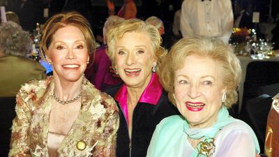 Cloris Leachman with her former co-star, Mary Tyler Moore, and Betty White at the 2004 TV Land Awards. Getty Images