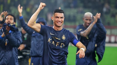 BURAYDAH, SAUDI ARABIA - DECEMBER 30: Cristiano Ronaldo of Al Nassr celebrates after winning the Saudi Pro League match between Al-Taawoun and Al-Nassr at King Abdullah Sport City Stadium on December 30, 2023 in Buraydah, Saudi Arabia. (Photo by Yasser Bakhsh / Getty Images)