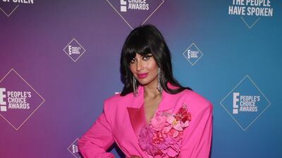 Jameela Jamil, in Christopher John Rogers, attends the E! People's Choice Awards held at the Barker Hangar in Santa Monica, California, and broadcast on Sunday, November 15, 2020. Getty Images