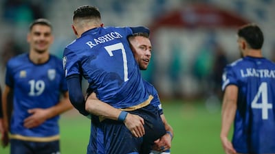Kosovo's Milot Rashica celebrates with teammates after scoring the only goal in a win over Israel. AP