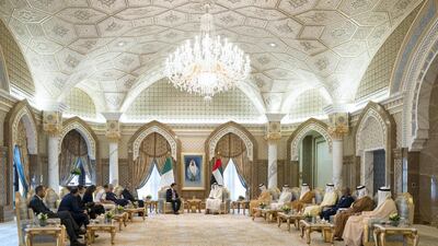 Sheikh Mohamed bin Zayed meets with Giuseppe Conte at the Presidential Palace. Mohammed Al Hammadi / Ministry of Presidential Affairs