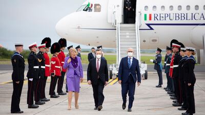 Prime Minister of Italy Mario Draghi steps off his plane in Cornwall. EPA