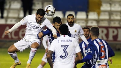 Real Madrid's Eden Hazard heads the ball. EPA