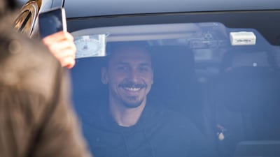 Zlatan Ibrahimovic leaves Linate airport. The 38-year-old Swedish striker has signed a six-month contract with AC Milan. EPA