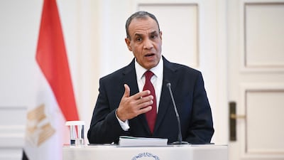 Egyptian Foreign Minister Badr Abdelatty speaking at a news conference after his meeting in Athens. AFP