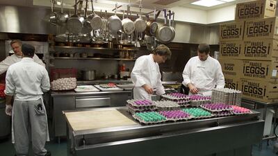 Kitchen assistants prepare eggs for the annual White House Easter Egg Roll in April 2001. Photo: Newsmakers
