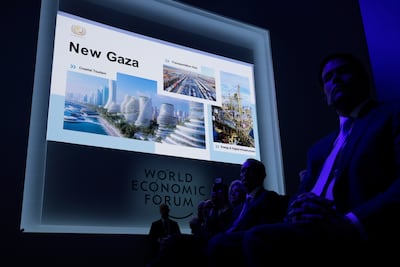 A plan for the reconstruction of Gaza is shown on-screen after the US President Donald Trump presented the Board of Peace at the World Economic Forum on January 22, 2026, in Davos, Switzerland. Getty Images