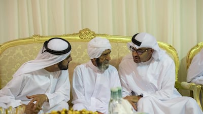Sheikh Mohammed bin Rashid, Vice President and Ruler of Dubai, and Sheikh Mohammed bin Zayed, Crown Prince of Abu Dhabi and Deputy Supreme Commander of the Armed Forces, offer condolences to the father of Cpl Abdul Rahman Ibrahim Al Baloushi, who died in a car accident in Saudi Arabia last week. Rashed Al Mansoori / Crown Prince Court – Abu Dhabi