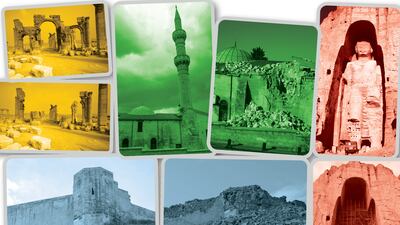 Many valuable historic structures have fallen victim to war, neglect or natural disasters. Clockwise from top left: Palmyra, Syria; the Sirvani Mosque in earthquake-hit Turkey; the Bamiyan Buddhas destroyed by the Taliban in 2001; and Gaziantep Castle, southern Turkey, also damaged in February's catastrophe. Getty/Nick Donaldson