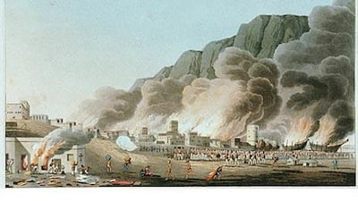 One of the lithographs depicting the sacking of Ras al Khaimah by a British fleet in November 1809. The town was devastated and the attack led to British control of the Gulf.