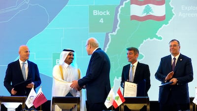 Lebanon's Najib Mikati, centre; Qatar's Saad Sherida Al Kaabi, centre-left, Eni head Claudio Descalzi, left, Lebanese Energy Minister Walid Fayad, second right, and TotalEnergies' Patrick Pouyanne, right, in Beirut to sign an agreement. AP