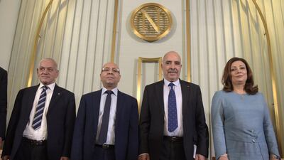 Nobel Peace Prize laureates of the Tunisian National Dialogue Quartet, from left to right, secretary general of the General Labour Union Houcine Abbassi; president of the Bar Association Fadhel Mahfoudh; the Human Rights League (LTDH) Abdessatar Ben Moussa; and the president of the Confederation of Industry, Trade and Handicrafts (UTICA) Wided Bouchamaoui who will receive the Nobel Peace Prize on Thursday, December 10, 2015 Odd Andersen/AFP Photo