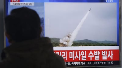 A TV news programme on March 3, 2016, at Seoul Railway Station in Seoul, South Korea, shows file footage of the missile launch conducted by North Korea. The country fired several short-range projectiles into the sea off its east coast Thursday, Seoul officials said, just hours after the UN Security Council approved the toughest sanctions on Pyongyang in two decades for its recent nuclear test and long-range rocket launch. The screen reads “ North Korea launched missiles.” Ahn Young-join / Associated Press