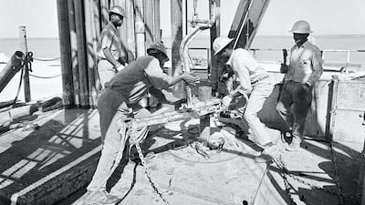 Drilling operations at Zubarra oilfield in 1970. Today, Adnoc has a production capacity of more than 3.5 million barrels of oil and 10.5 billion cubic feet of natural gas a day. Courtesy Adnoc Drilling