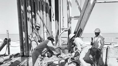 Drilling operations at Zubarra oilfield in 1970. Today, Adnoc has a production capacity of more than 3.5 million barrels of oil and 10.5 billion cubic feet of natural gas a day. Courtesy Adnoc Drilling