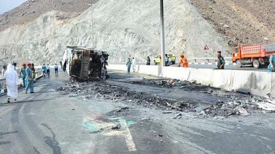 A child died and 23 people were injured when a bus swerved out of control and caught fire in Sharjah. Courtesy Sharjah Police
