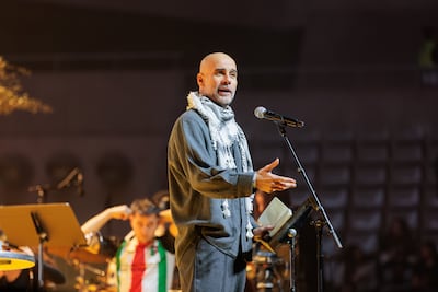 Pep Guardiola speaks onstage during the Concert-Manifesto x Palestine at Palau Sant Jordi on January 29, 2026, in Barcelona, Spain. Getty Images