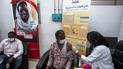 A man receives a dose of the Oxford/AstraZeneca vaccine at the Jabra Hospital for Emergency and Injuries in Sudan's capital Khartoum. AFP