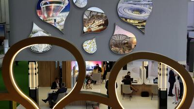 The Expo 2020 Dubai stand at the Arabian Travel Market. Delayed from last year due to the Covid-19 pandemic, Expo 2020 Dubai opens on October 1. Pawan Singh / The National.