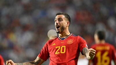 Joselu celebrates scoring Spain's winner in their 2-1 Nations League semi-final match at the De Grolsch Veste Stadium in Enschede, Netherlands, on June 15, 2023. AFP