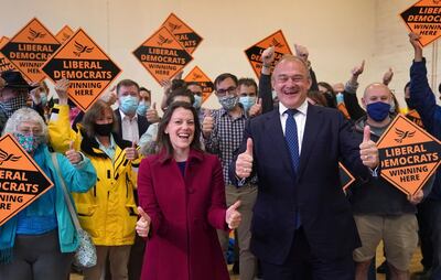 Liberal Democrat leader Ed Davey and new Liberal Democrat MP for Chesham and Amersham Sarah Green during a victory rally at Chesham Youth Centre in Chesham, England. AP