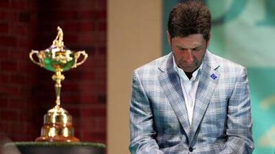 European team captain Jose Maria Olazabal breaks down at the closing ceremonies after Europe defeated the USA 14.5 to 13.5 to retain the Ryder Cup.