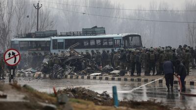 Indian security men inspect at the site blast in Lethpora area of south Kashmir' s Pulwama district some 20 kilometers from Srinagar, the summer capital of Indian Kashmir. At least 18 Indian paramilitary Central Reserve Police Force (CRPF) personnel were killed in a suicide attack in Pulwama district when a militant rammed an explosive-laden vehicle into the CRPF bus they were travelling in, according to local news reports. EPA