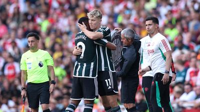 Manchester United's Rasmus Hojlund comes on as a substitute to replace Anthony Martial. Reuters
