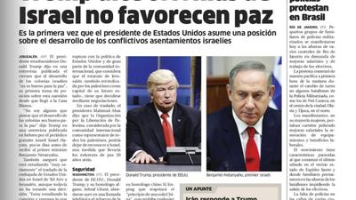 This screen grab of digitized version of Dominican Republic’s El Nacional print edition shows comedian Alec Baldwin doing his impression of President Donald Trump on Saturday Night Live, next to a photo of Israel’s prime minister Benjamin Netanyahu on the paper’s international page. El Nacional via AP