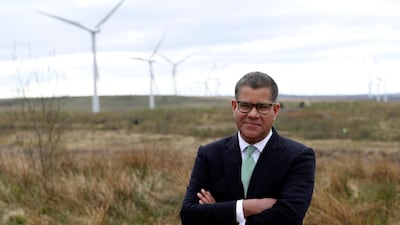 COP26 President Alok Sharma at Whitelee Windfarm, just outside Glasgow in Scotland. Mr Sharma’s call to action to British business comes ahead of the UN Cop26 environmental summit in Glasgow in November. Reuters