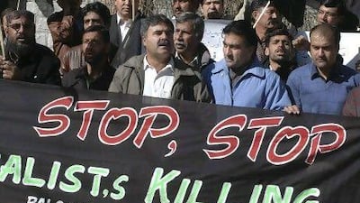 Journalists demonstrate against the killing of colleagues in the violent Baluchistan capital of Quetta, Pakistan.