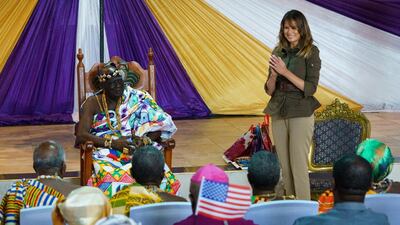Melania Trump is acknowledged by Osabarimba Kwesi Atta II, the chieftain of the Cape Coast Fante, during a cultural ceremony at the Emintsimadze Palace in Cape Coast, Ghana. AP Photo