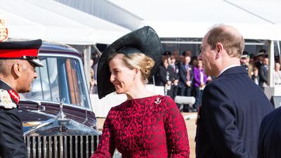 The duchess, in Alaia, and Prince Edward attend the dedication service of the Iraq and Afghanistan memorial at Horse Guards Parade in March 2017, London. Getty Images
