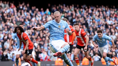 Erling Haaland of Manchester City scores his team's third goal from the penalty spot. Getty Images