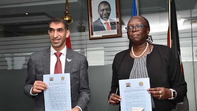 Dr Thani Al Zeyoudi, Minister of State for Foreign Trade, and Betty Maina, Cabinet Secretary for Industrialisation, Trade and Enterprise Development, after the signing ceremony. Photo: UAE Ministry of Economy