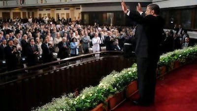 Egyptian President Mohammed Morsi gives his inaugural address at Cairo University in Cairo after taking the oath of office to become the country's first freely elected president.