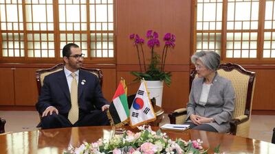 Dr Sultan Ahmed Al Jaber, UAE Minister of State and Adnoc Group CEO, meets South Korea’s Foreign Minister Kang Kyung-wha during a two-day visit to Seoul. Courtesy Adnoc