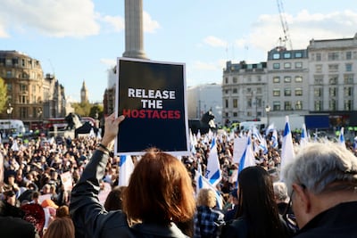 Thousands of people at London's Trafalgar Square demand the liberation of more than 200 hostages taken by Hamas. Reuters