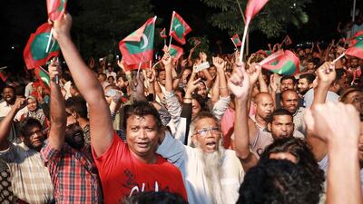 Maldivian opposition protesters shout slogans demanding the release of political prisoners during a protest in the capital Male on February 2, 2018. Mohamed Sharuhaan / AP Photo