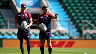England’s George Ford, right, will not start against Wales today as teammate Owen Farrell has been inserted at fly-half for their match in Twickenham. David Rogers / Getty Images